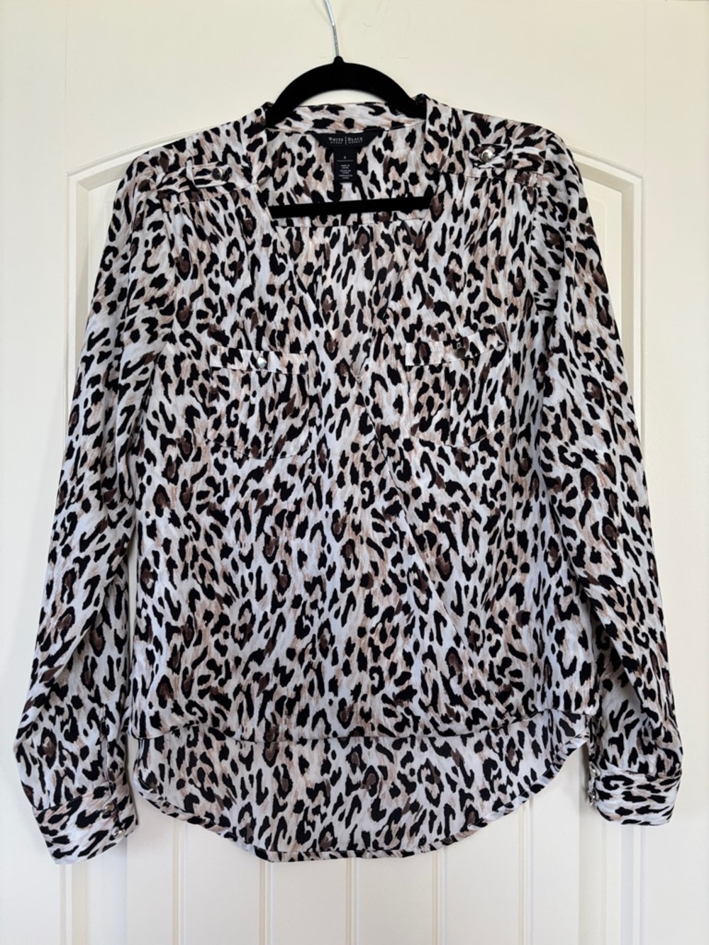 WHBM Leopard Print Long-Sleeve Blouse in White, Brown & Black. Sz 8